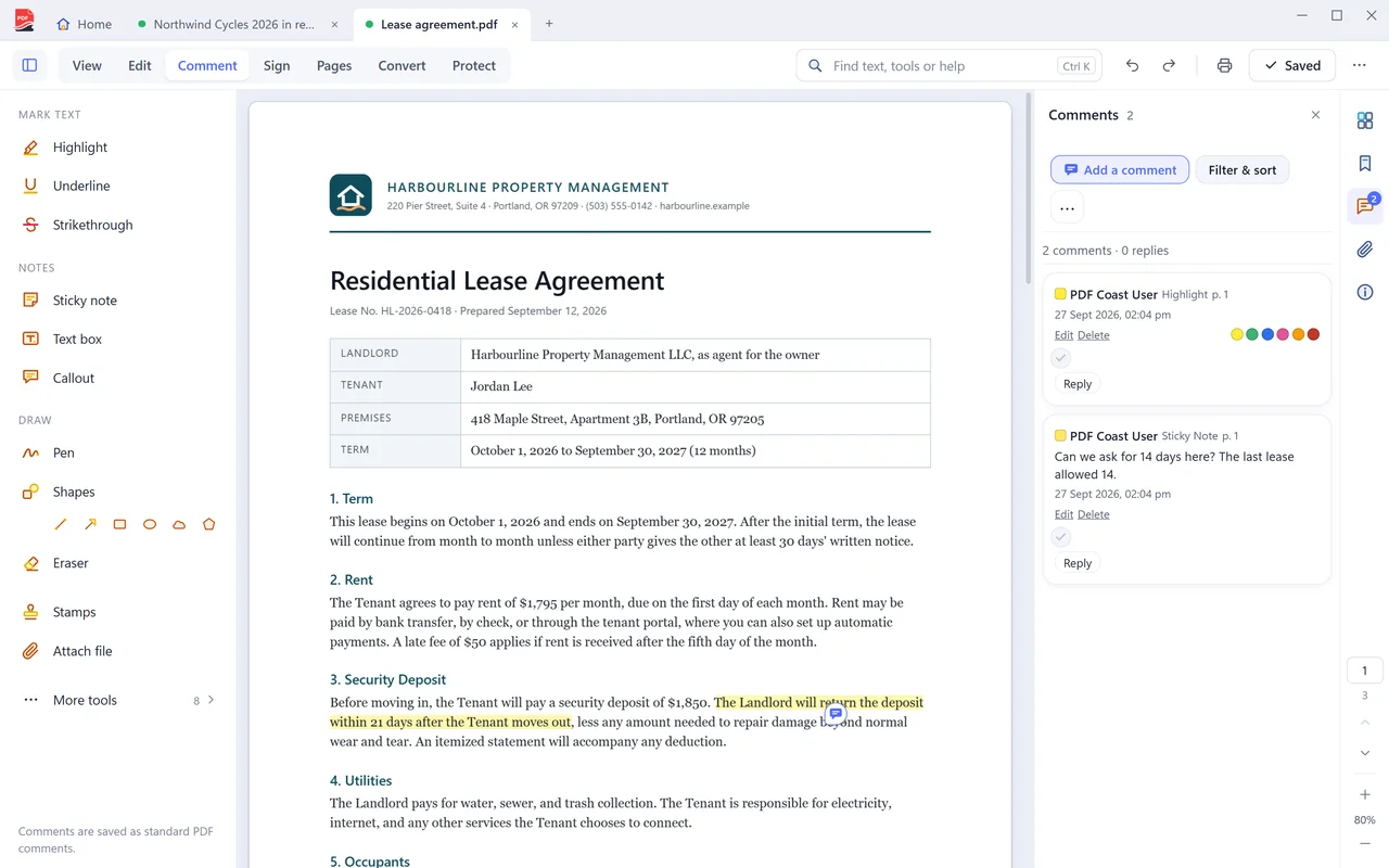 A lease in PDF Coast with a highlighted clause, a note, and the comment list beside the page.