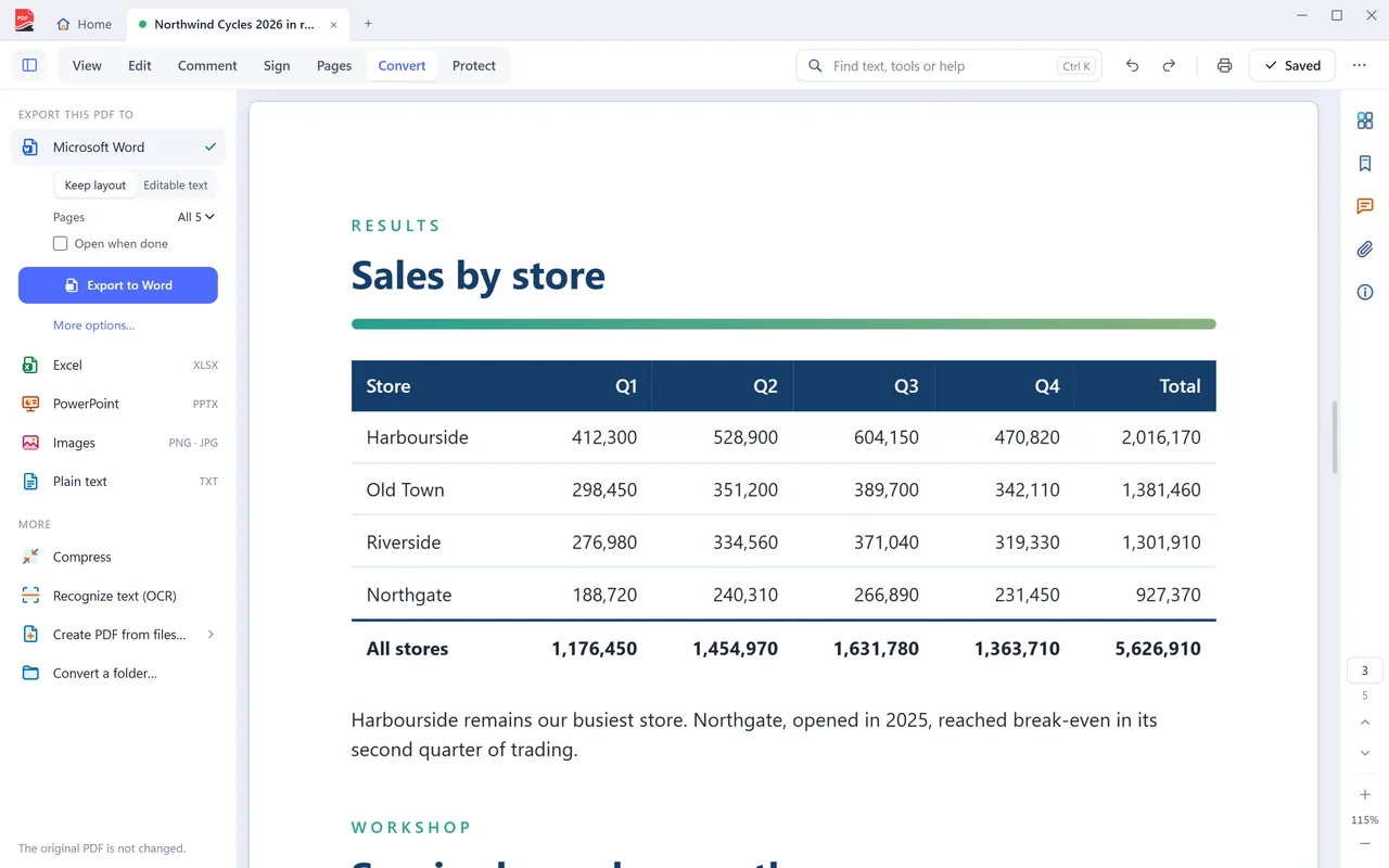 The Convert mode in PDF Coast, with Microsoft Word, Excel, PowerPoint, images and text on the left, beside a sales table.