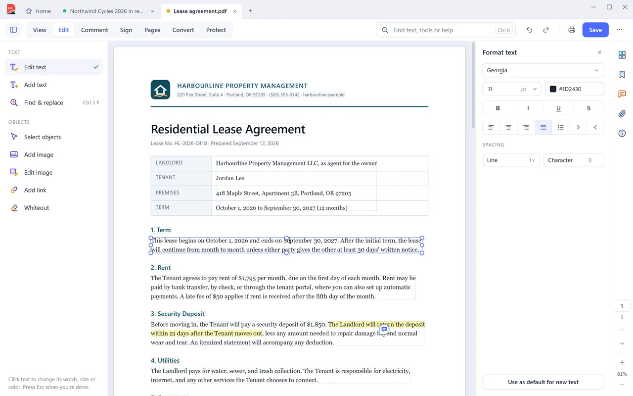 PDF Coast editing a residential lease: a paragraph is open for editing, with the Format text panel on the right and the Edit tools on the left.