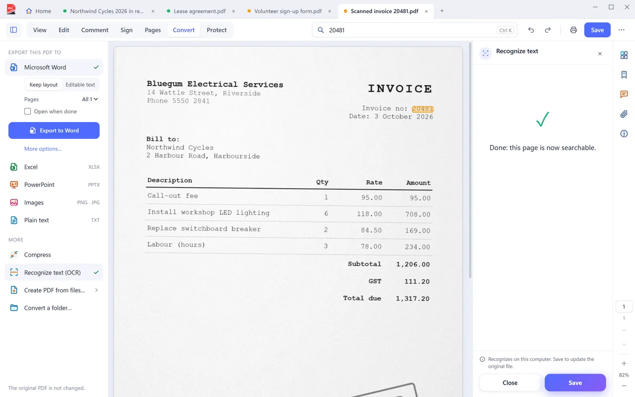 A scanned invoice in PDF Coast after text recognition, with the invoice number found by search.