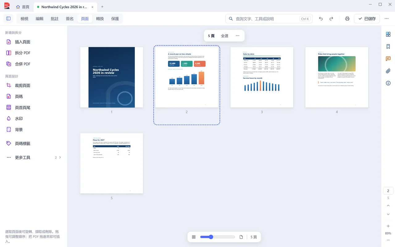 PDF Coast 的「頁面」檢視，以卡片形式顯示一份年度報告的各頁。