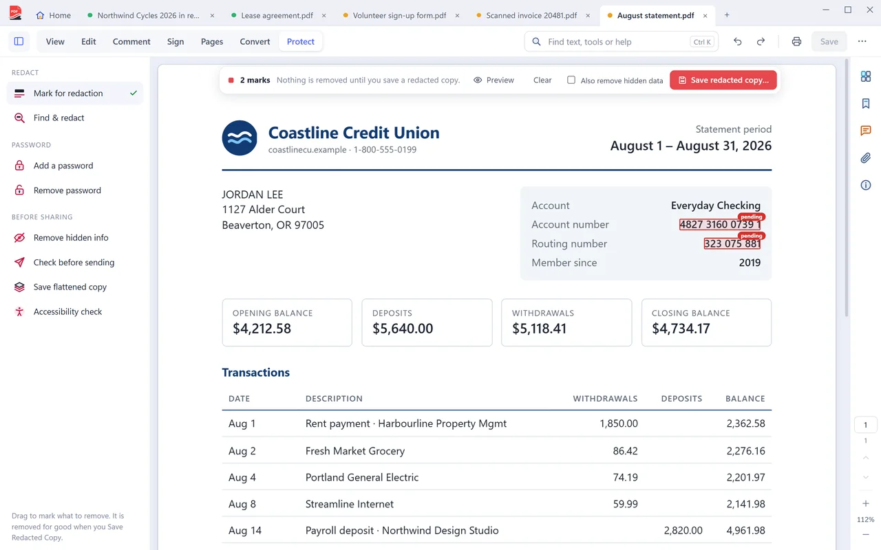 A bank statement in PDF Coast with the account and routing numbers marked for redaction.
